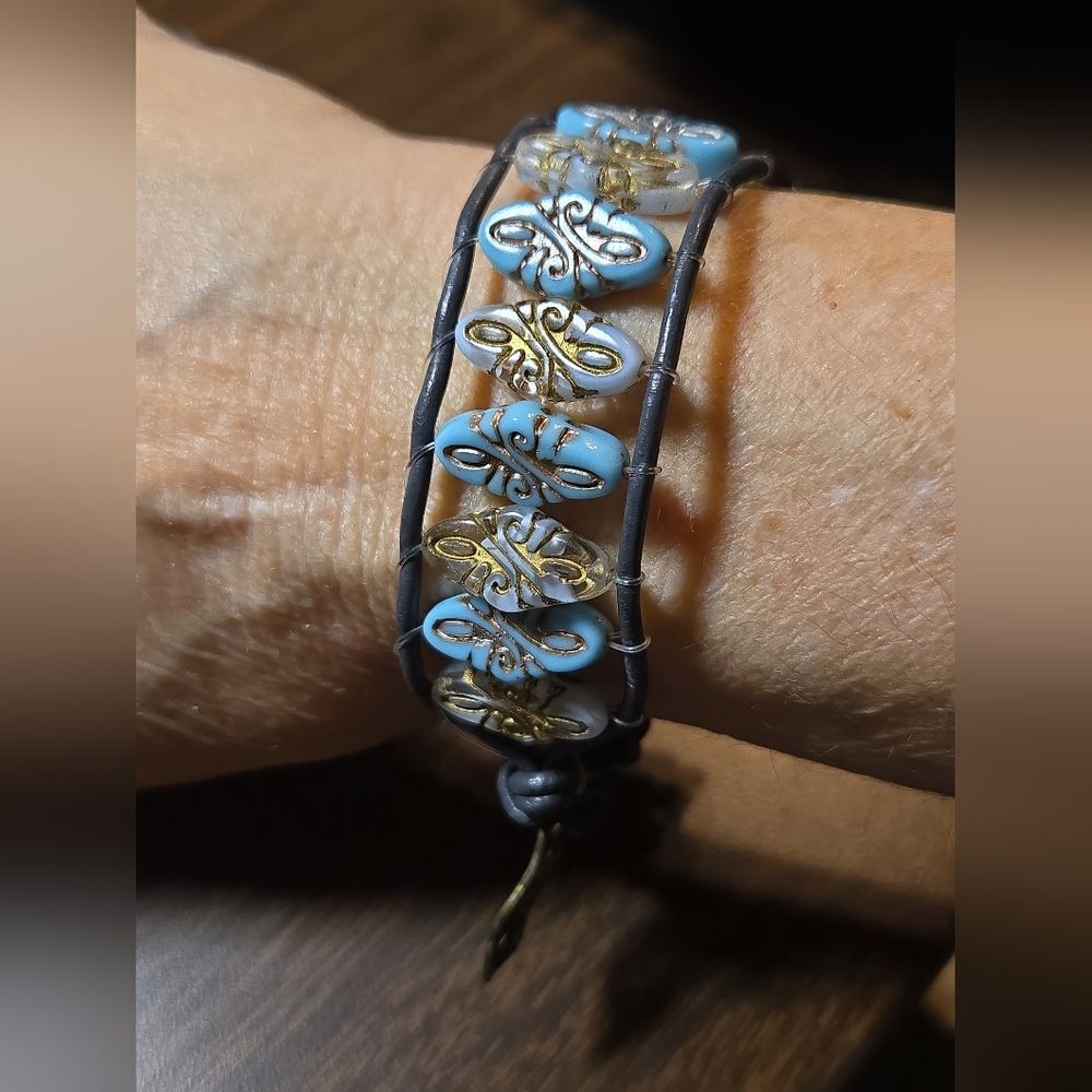 HAND CRAFTED Czech Glass Arabesque Bead Leather Wrapped Bracelet